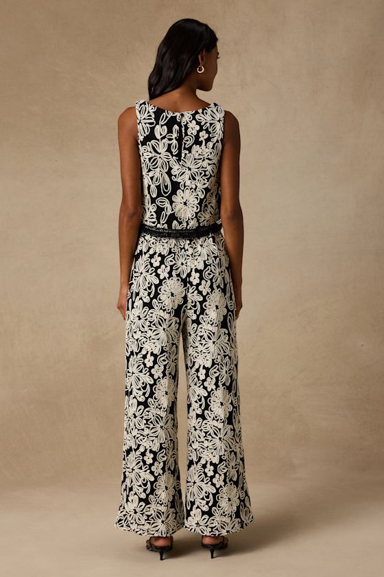Yucca Black Floral Embroidered Two-Piece Jumpsuit
