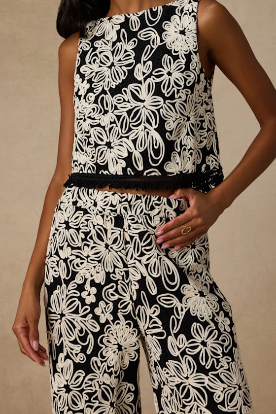 Yucca Black Floral Embroidered Two-Piece Jumpsuit