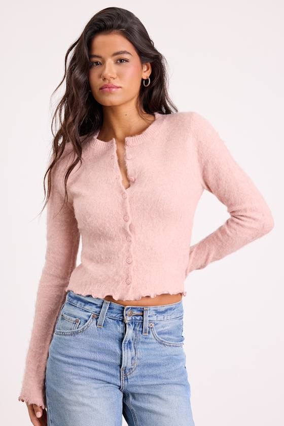 Mosley Blush Pink Fuzzy Knit Button-Up Cardigan