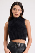 Nadene Black Eyelash Knit Mock Neck Sweater Top