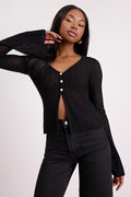 Freesia Black Pointelle Knit Button-Front Cardigan