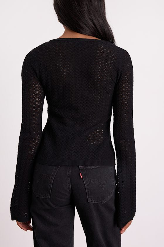 Freesia Black Pointelle Knit Button-Front Cardigan
