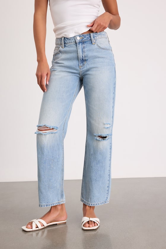 Teague Light Wash Distressed Mid-Rise Straight Leg Jeans
