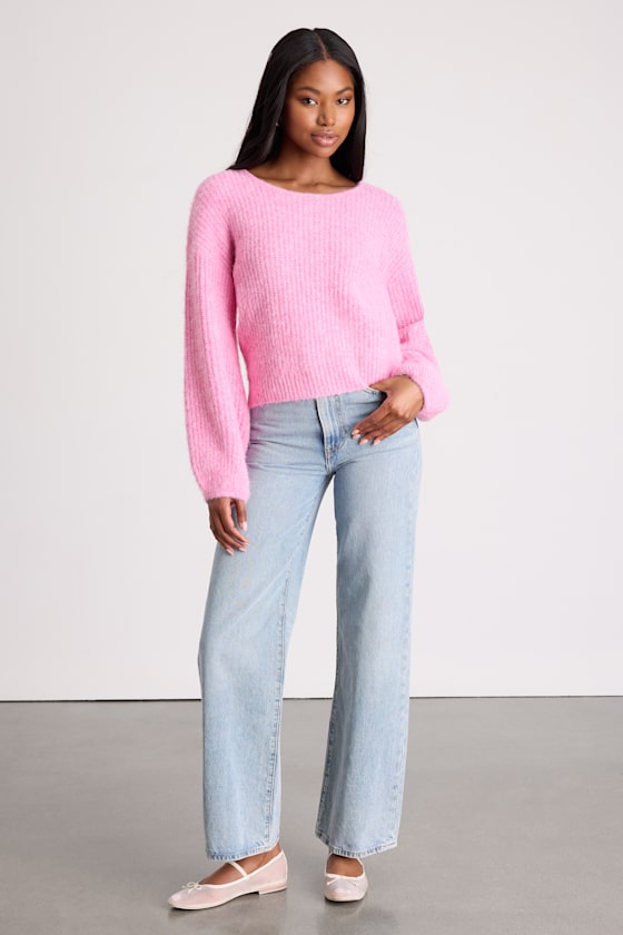 Direna Pink Fuzzy Tie-Back Long Sleeve Sweater