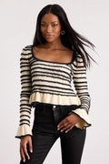 Steffy Cream and Black Fuzzy Striped Ruffled Sweater Top