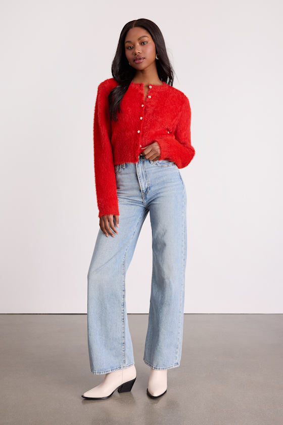 Arinda Red Eyelash Knit Button-Up Cardigan