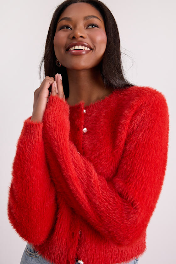 Arinda Red Eyelash Knit Button-Up Cardigan