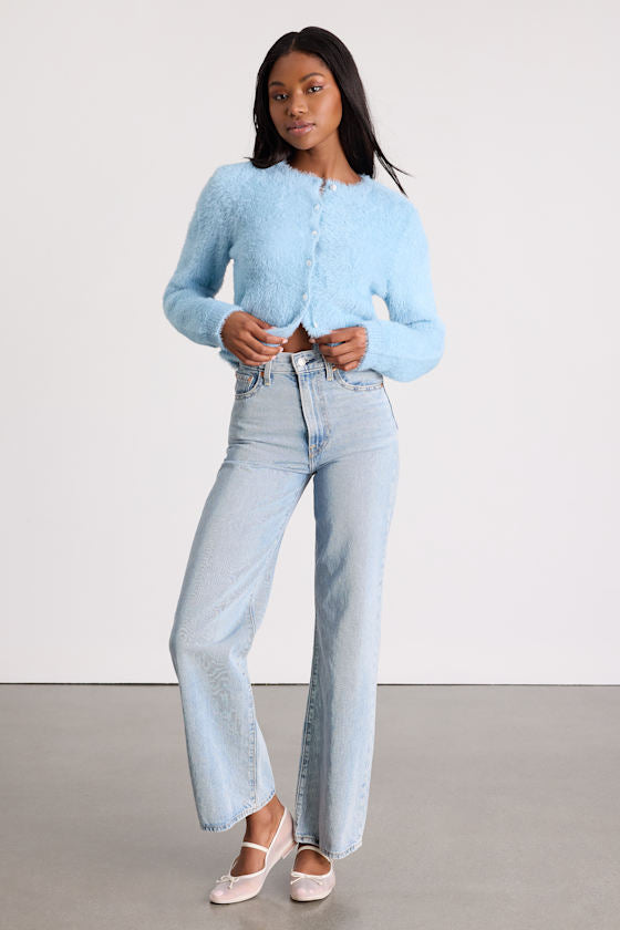 Arinda Light Blue Eyelash Knit Button-Up Cardigan