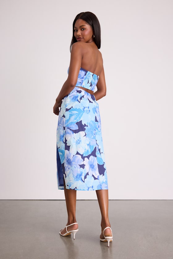 Bold Tendencies Blue Floral Strapless Cutout Midi Dress
