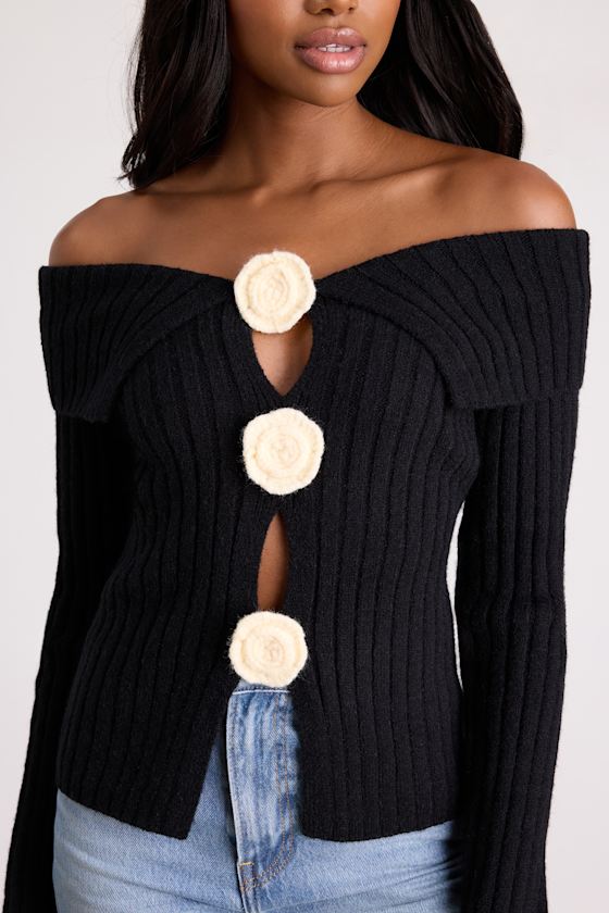 Dulcinea Black Off-the-Shoulder Rosette Sweater Top