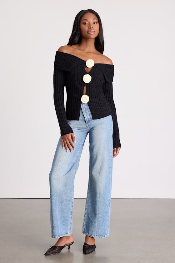 Dulcinea Black Off-the-Shoulder Rosette Sweater Top