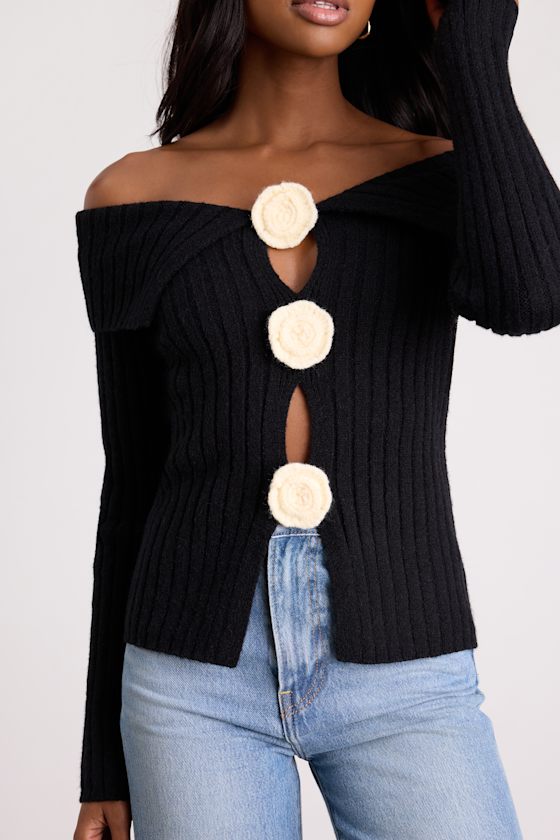 Dulcinea Black Off-the-Shoulder Rosette Sweater Top