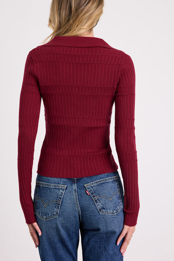 Ashley Wine Red Ribbed Collared Sweater Knit Top
