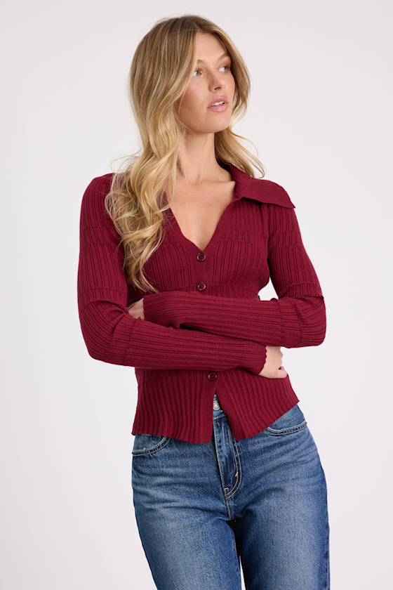 Ashley Wine Red Ribbed Collared Sweater Knit Top
