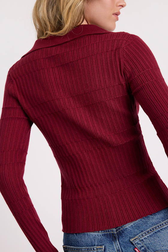 Ashley Wine Red Ribbed Collared Sweater Knit Top