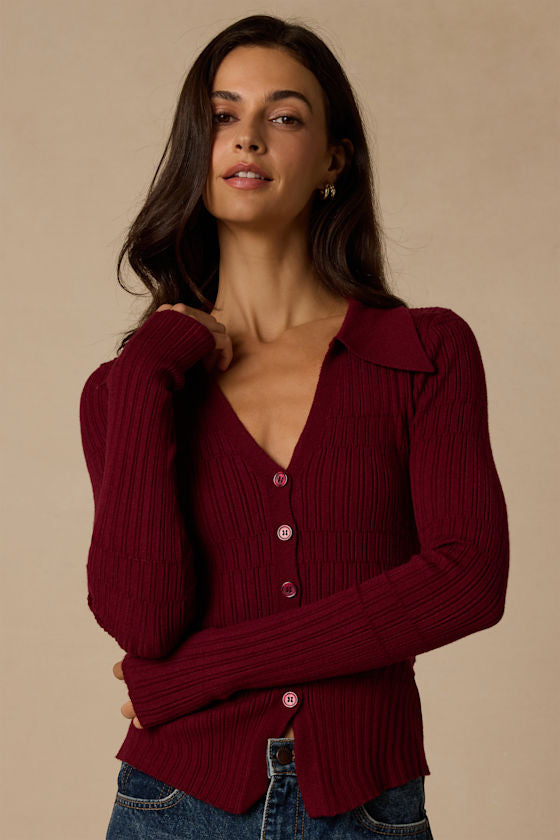 Ashley Wine Red Ribbed Collared Sweater Knit Top