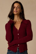 Ashley Wine Red Ribbed Collared Sweater Knit Top
