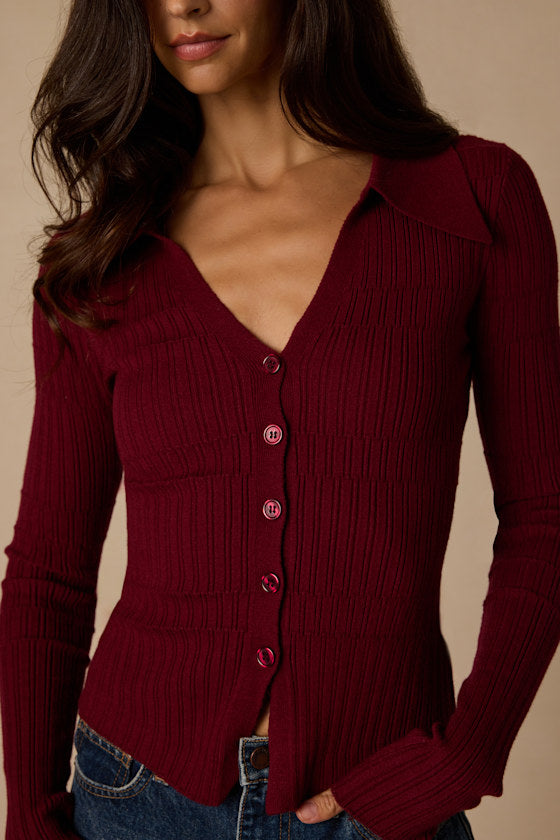 Ashley Wine Red Ribbed Collared Sweater Knit Top