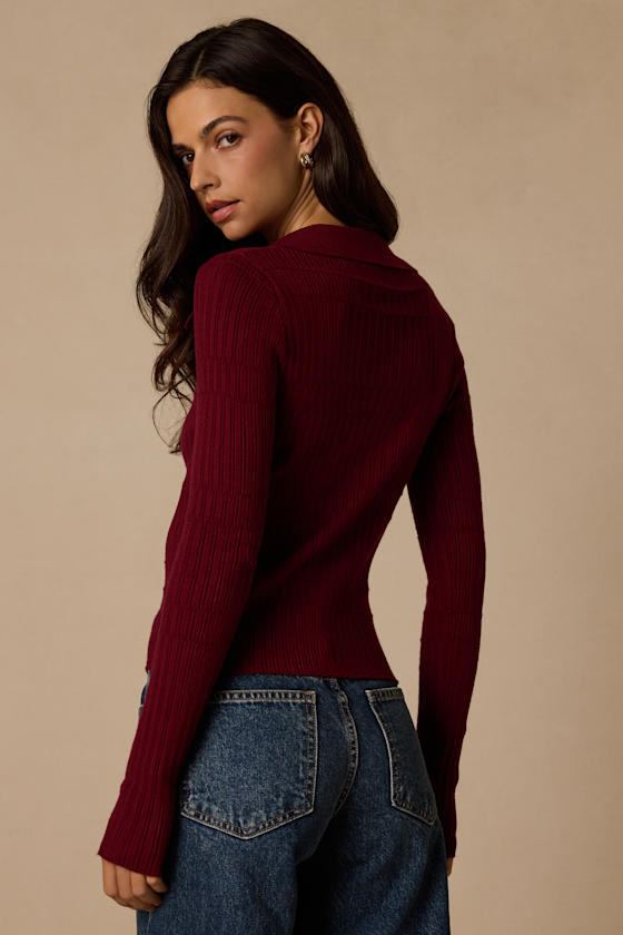 Ashley Wine Red Ribbed Collared Sweater Knit Top