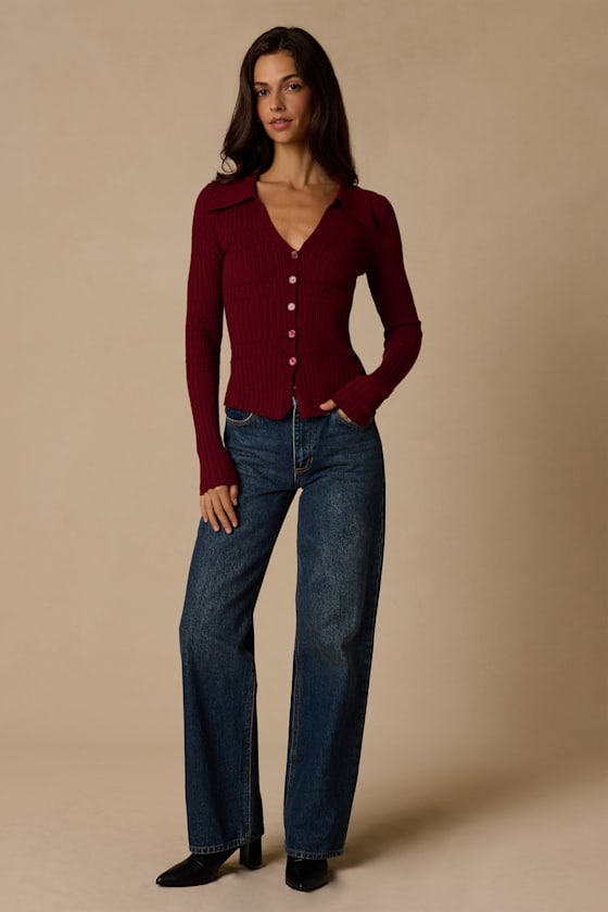 Ashley Wine Red Ribbed Collared Sweater Knit Top