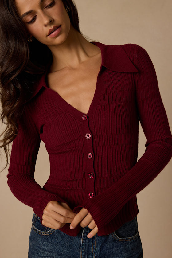 Ashley Wine Red Ribbed Collared Sweater Knit Top