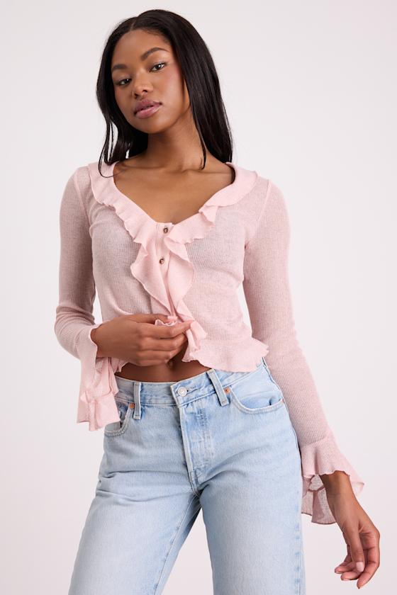 Casley Blush Ruffled Button-Front Sweater Knit Top