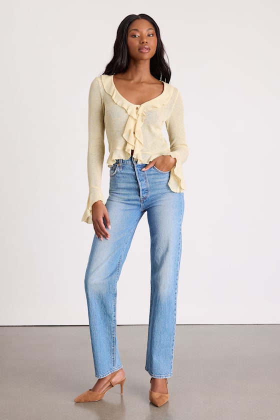 Casley Light Yellow Ruffled Button-Front Sweater Knit Top
