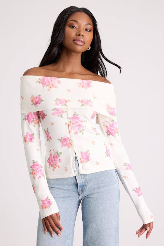 Prina Ivory Rose Print Off-the-Shoulder Sweater Top