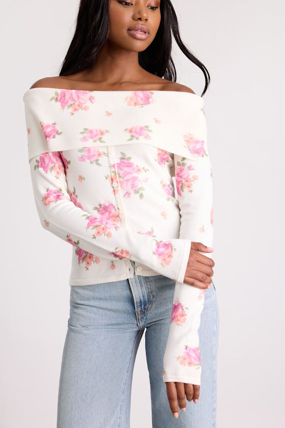 Prina Ivory Rose Print Off-the-Shoulder Sweater Top