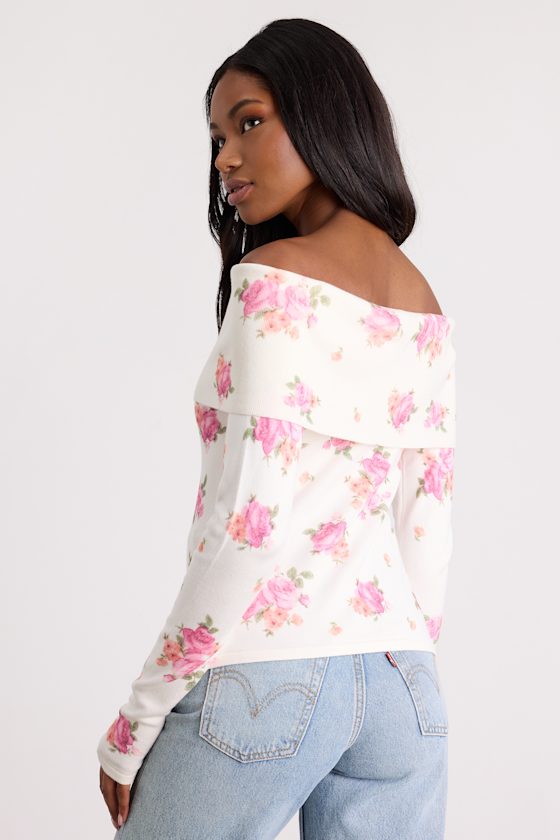 Prina Ivory Rose Print Off-the-Shoulder Sweater Top