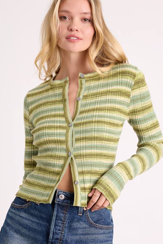 Odessa Green Multi Striped Button-Up Cardigan Sweater Top