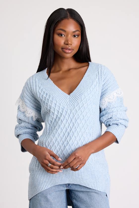 Bobbie Light Blue Marled Cable Knit Sweater