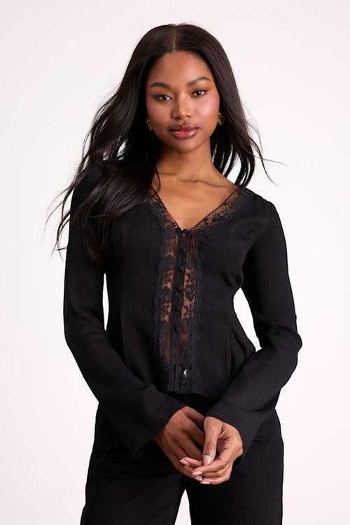 Pomona Black Lace Button-Front Long Sleeve Top