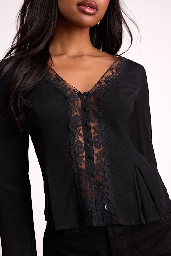 Pomona Black Lace Button-Front Long Sleeve Top