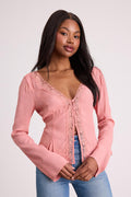 Pomona Pink Lace Button-Front Long Sleeve Top