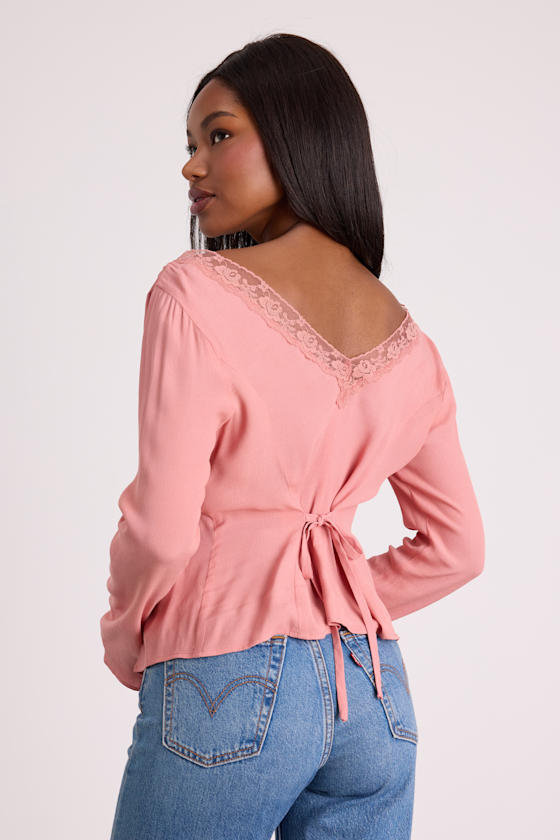 Pomona Pink Lace Button-Front Long Sleeve Top