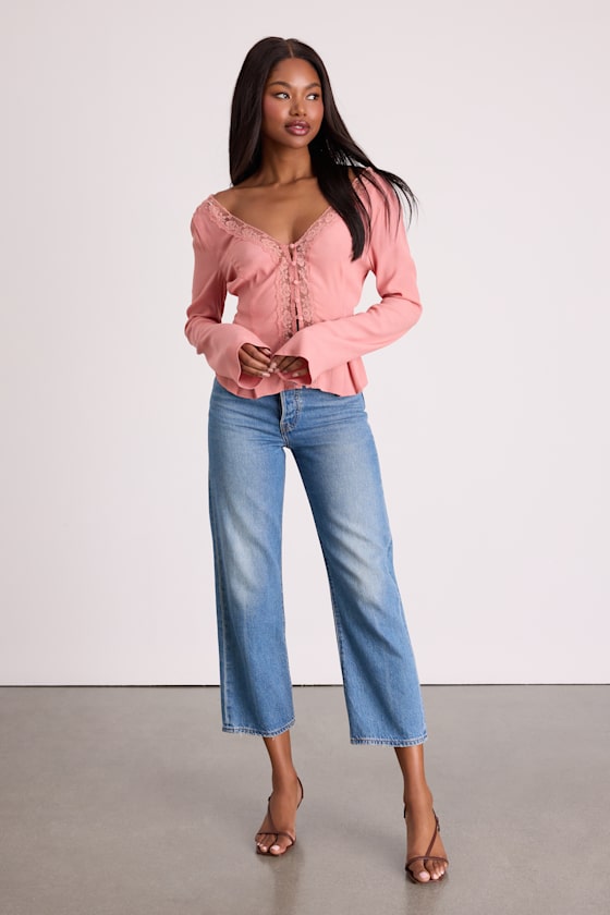 Pomona Pink Lace Button-Front Long Sleeve Top