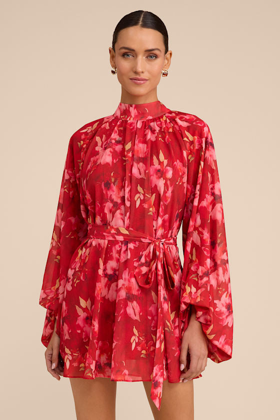 Lata Red Floral Mock Neck Belted Mini Dress