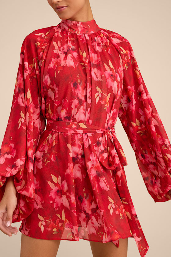 Lata Red Floral Mock Neck Belted Mini Dress