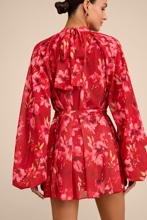 Lata Red Floral Mock Neck Belted Mini Dress