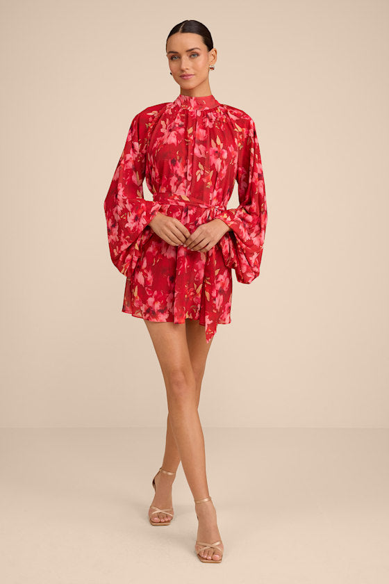 Lata Red Floral Mock Neck Belted Mini Dress