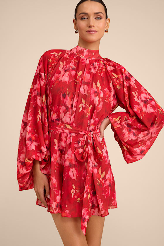Lata Red Floral Mock Neck Belted Mini Dress