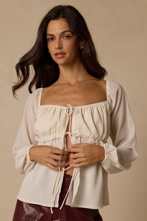 Lemmie Ivory Chiffon Tie-Front Long Sleeve Top