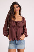 Lemmie Brown Chiffon Tie-Front Long Sleeve Top