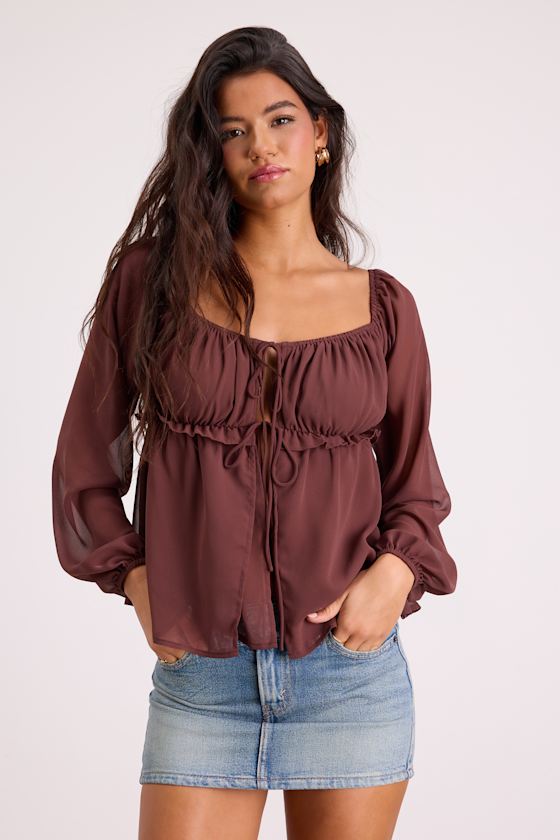 Lemmie Brown Chiffon Tie-Front Long Sleeve Top