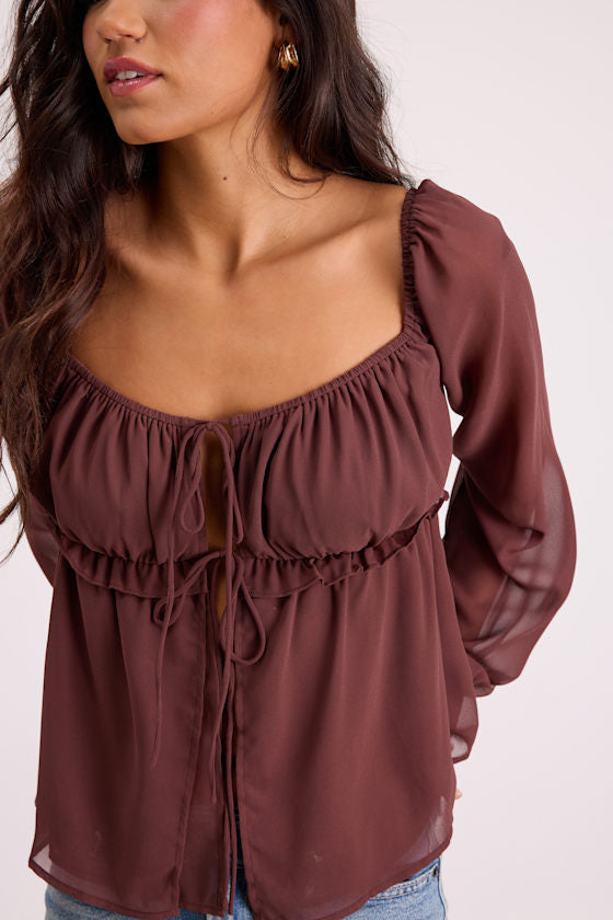Lemmie Brown Chiffon Tie-Front Long Sleeve Top