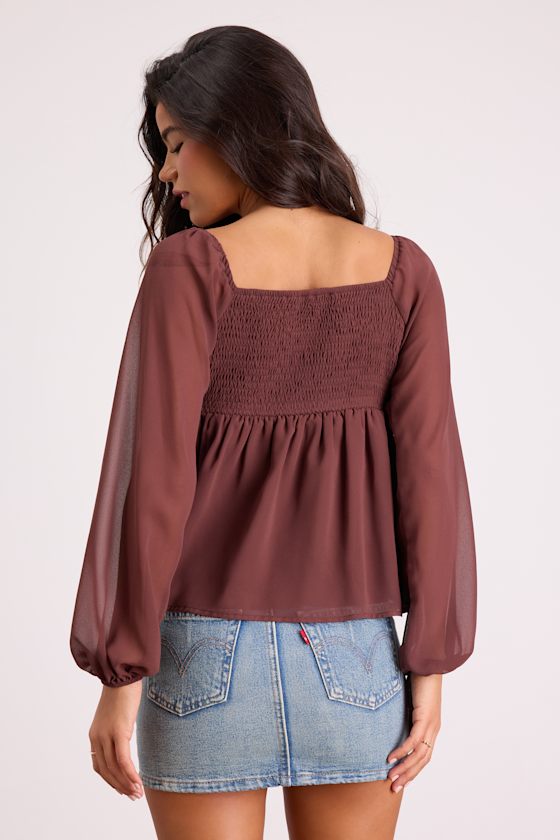 Lemmie Brown Chiffon Tie-Front Long Sleeve Top