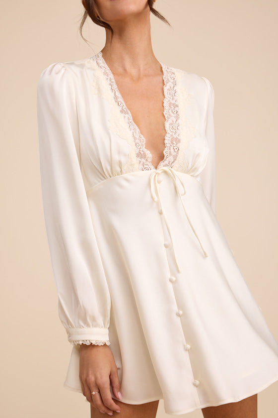 Goldia Ivory Satin Long Sleeve Babydoll Mini Dress