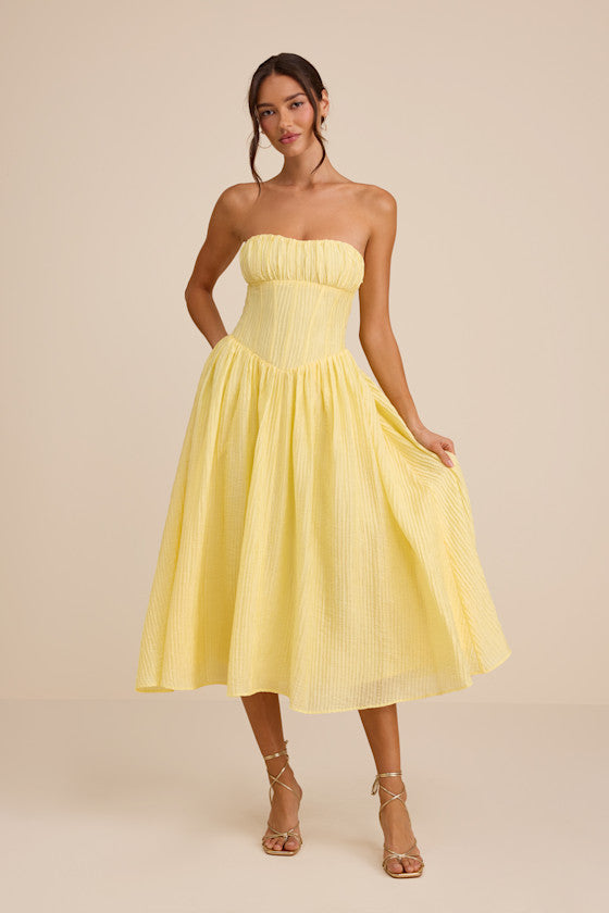Aspen Pale Yellow Plisse Strapless Bustier Midi Dress