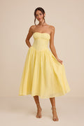 Aspen Pale Yellow Plisse Strapless Bustier Midi Dress